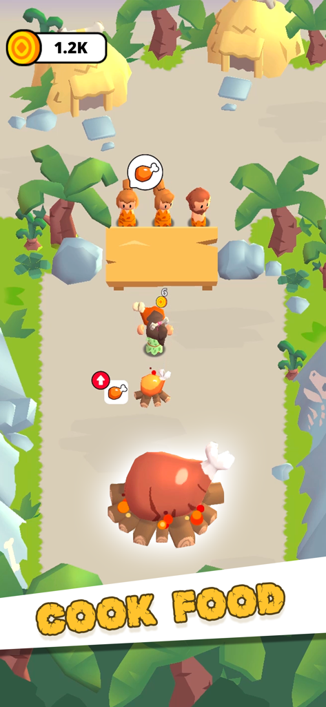 Gameplay de Idle Civilizations mostrando um personagem cozinhando para clientes pré-históricos na Idade da Pedra.