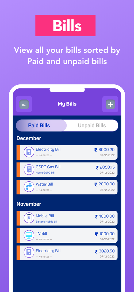 Expense Tracker:Budget Planner - Mobile app interface displaying a list of monthly paid and unpaid bills like electricity and water.