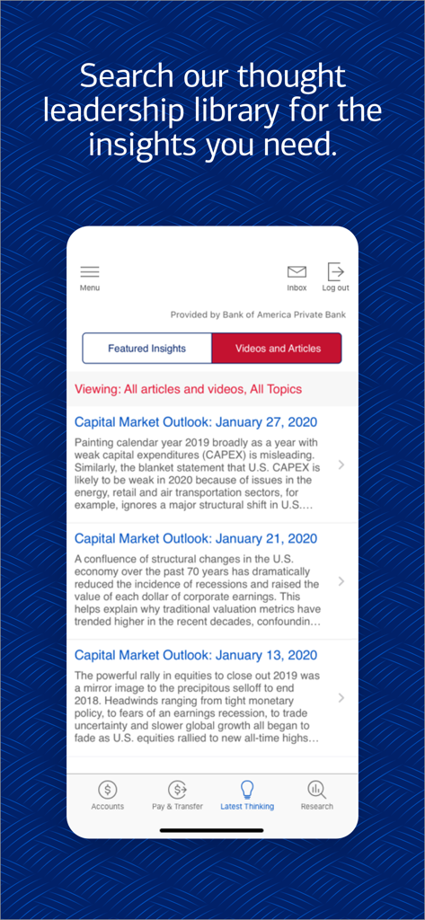 Bildschirm der Bank of America Private Bank App für Marktausblick und Expertenbibliothek