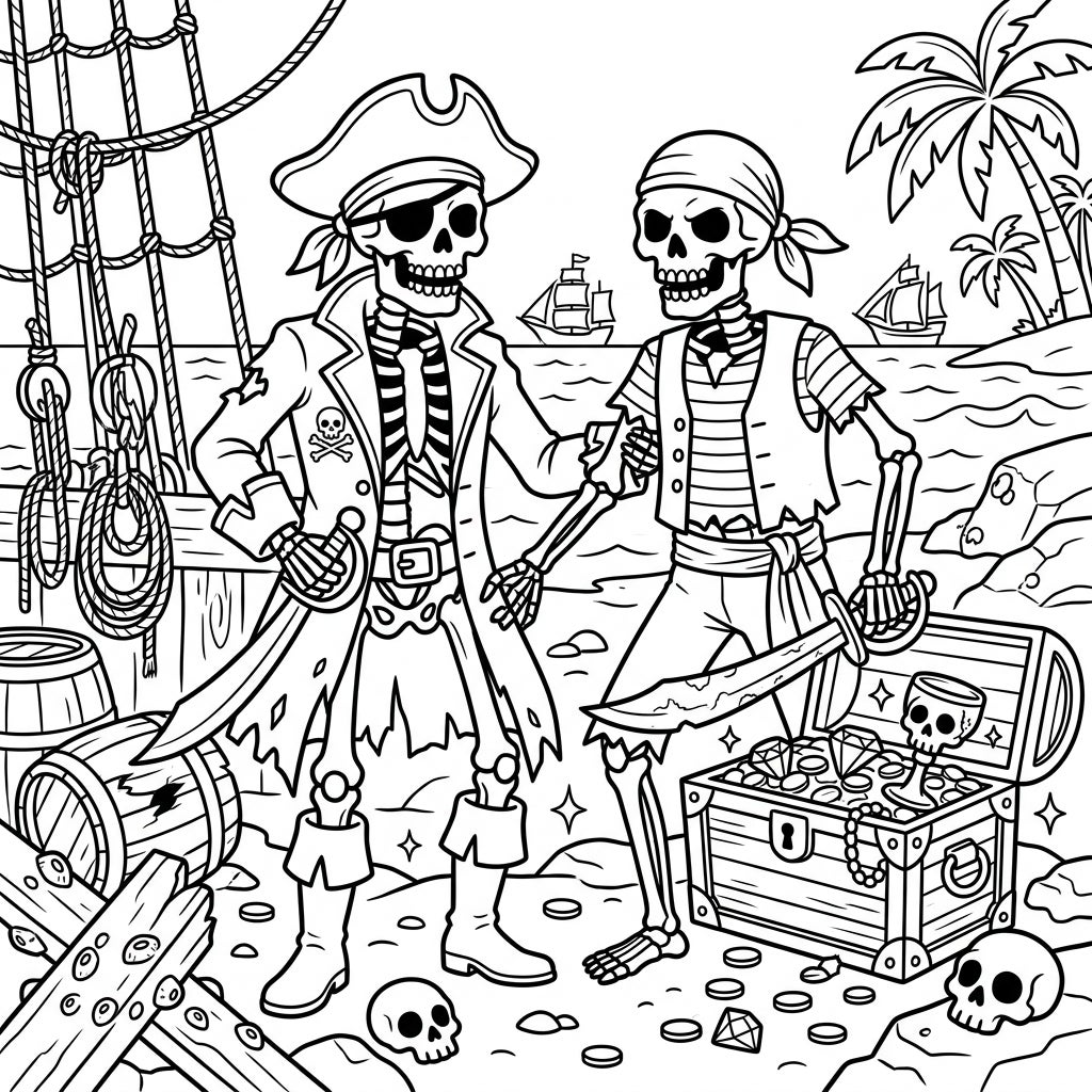 Free Printable Pirate Skeletons Coloring Page for Seniors — Color Pop