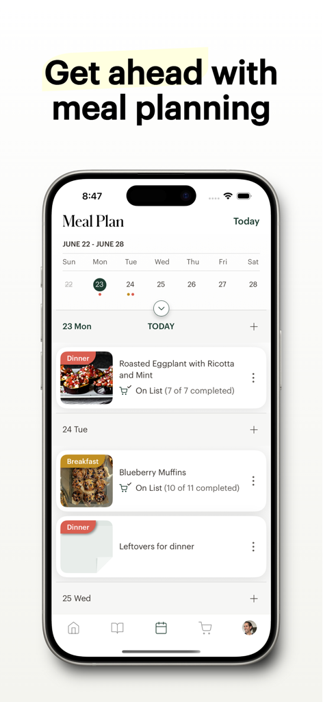 Deglaze: Cooking, Simplified - A mobile interface for the Deglaze app showing a weekly meal plan calendar with recipes and grocery list progress.