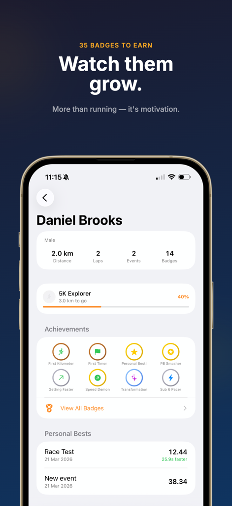 Run Lap Tap student profile displaying earned badges and activity progress
