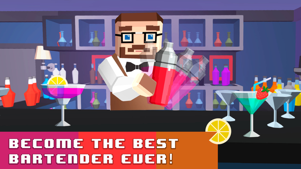 Bartender Simulator: Mix Delicious Drinks - Pixel art bartender character shaking a cocktail behind a bar counter with colorful drinks