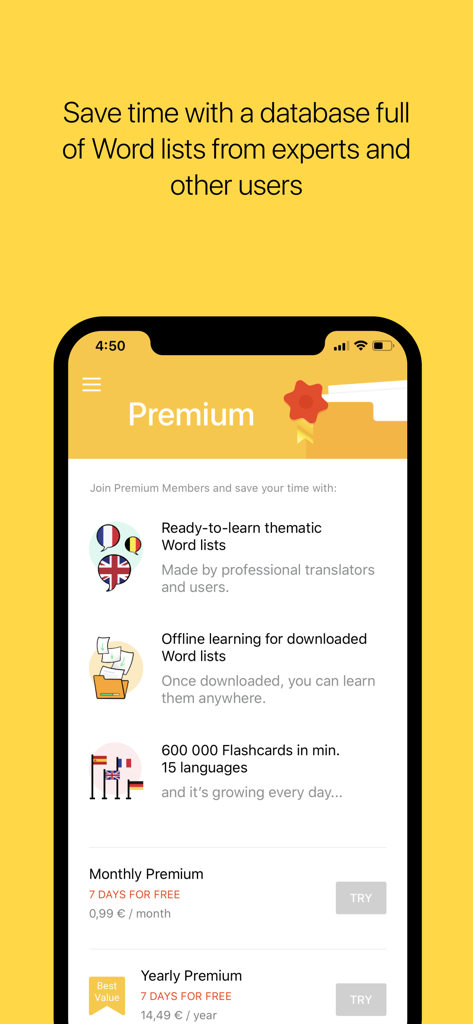 Vocabulary Miner - Vocabulary Miner app screen displaying premium benefits including offline learning, professional word lists, and access to over 600,000 flashcards.