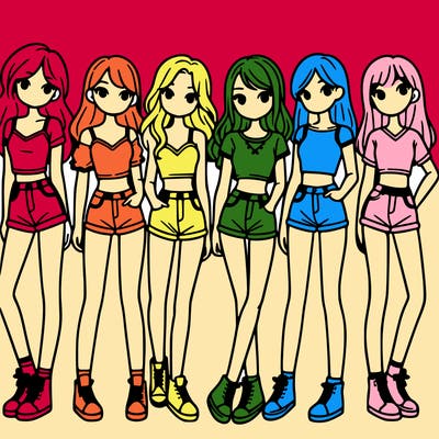 a group of girls wearing crop tops and shorts