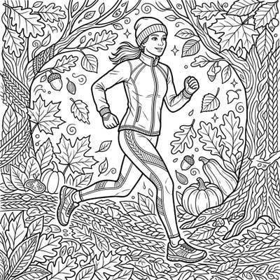 Get ready to color your way through a vibrant autumn scene featuring a determined runner in stylish activewear. This engaging template blends the energy of exercise with the beauty of the fall season, perfect for a relaxing creative session.