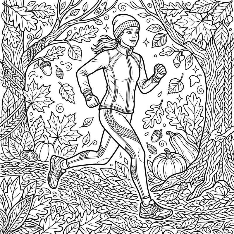 Get ready to color your way through a vibrant autumn scene featuring a determined runner in stylish activewear. This engaging template blends the energy of exercise with the beauty of the fall season, perfect for a relaxing creative session.