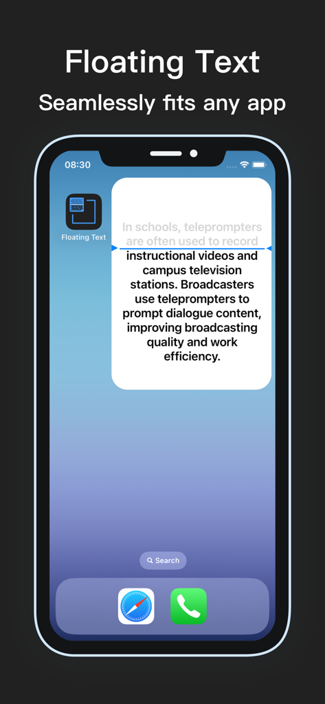 Floating Text - Teleprompter - iPhone screenshot showing a floating teleprompter script window overlaying the mobile home screen interface.