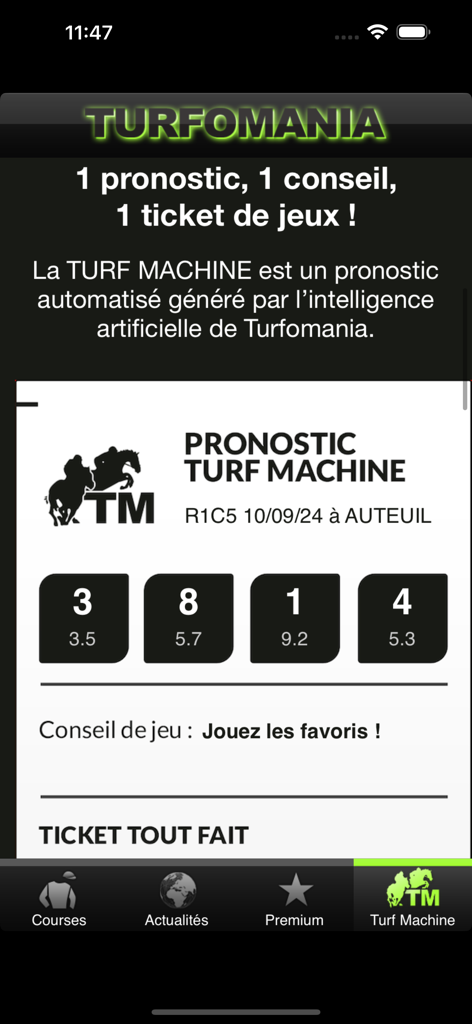 Turfomania - Turf et pronostic - Interface de l'application Turfomania affichant les pronostics de courses hippiques générés par l'IA et des conseils de paris