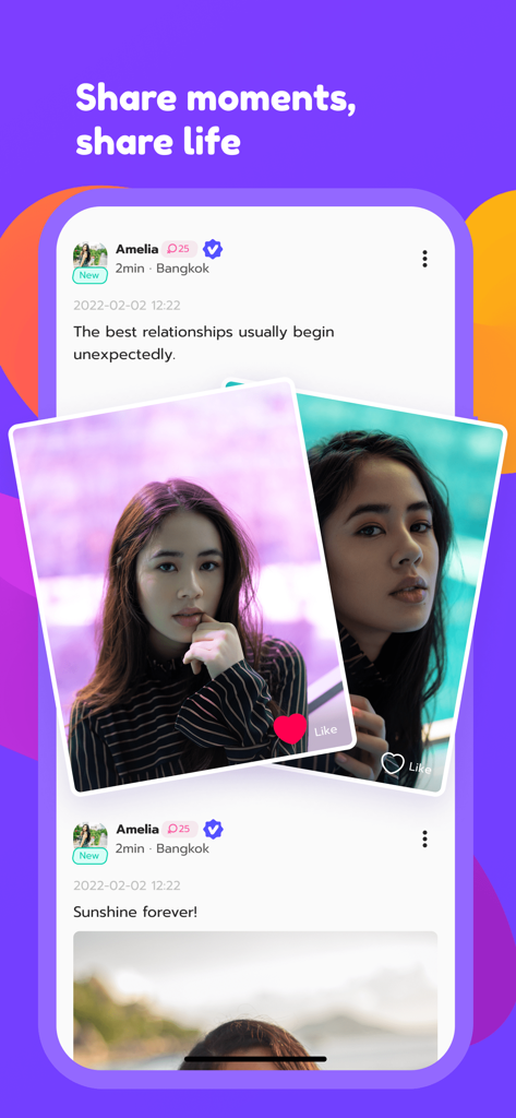 Voya - make friends for real - Voya app screen showing a user profile named Amelia sharing photos and posts with the tagline Share moments share life