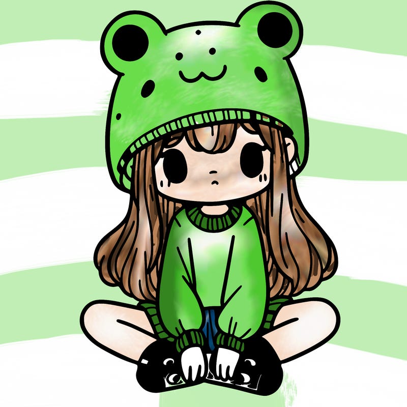 a girl wearing a frog hat and some frog socks