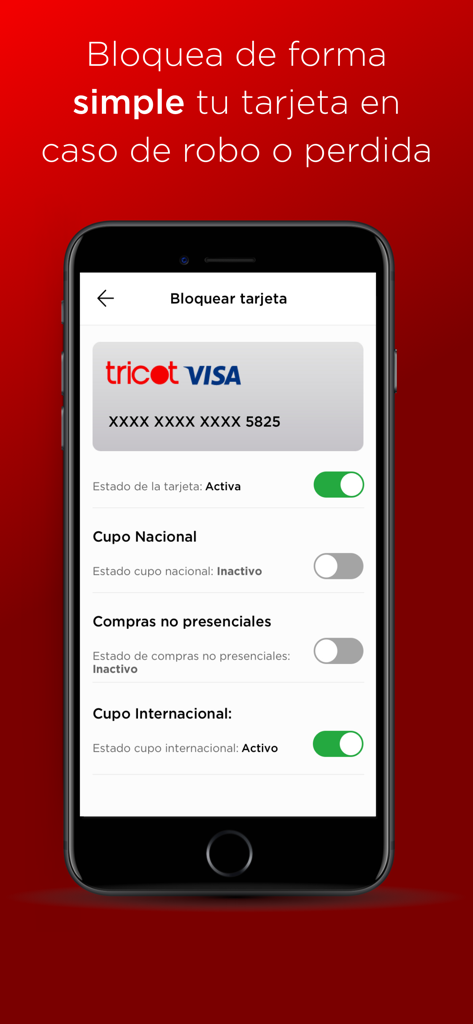 Mi Tricot Visa - Mobile screen showing card security controls and blocking features in the Mi Tricot Visa app