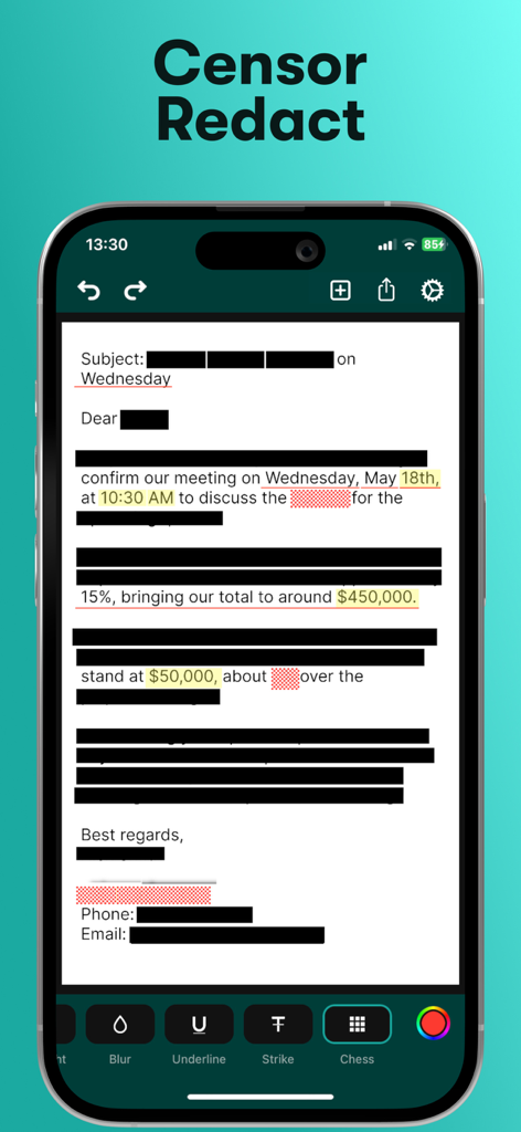Blur Text - Pantalla de la aplicación de iPhone que muestra varias herramientas de redacción y censura de texto aplicadas a un documento