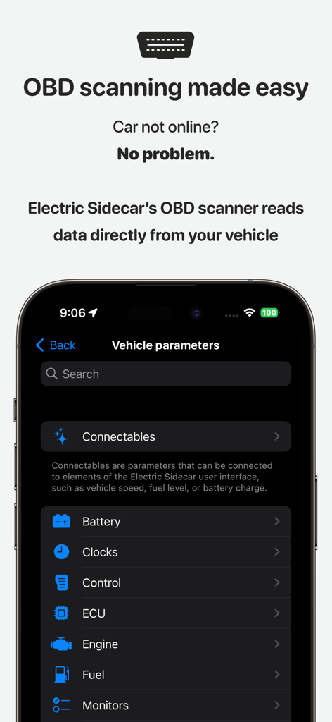 Sidecar app interface showing vehicle parameters for OBD scanning and diagnostics