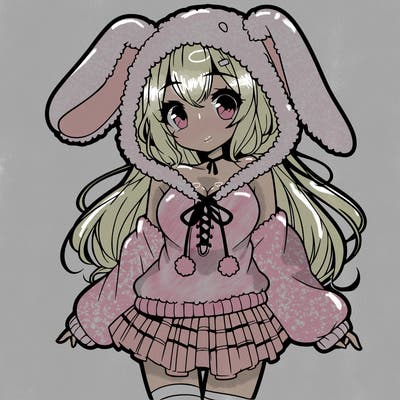 pretty anime girl wearing a fluffy hoodie with bunny ears on the hood and a skirt