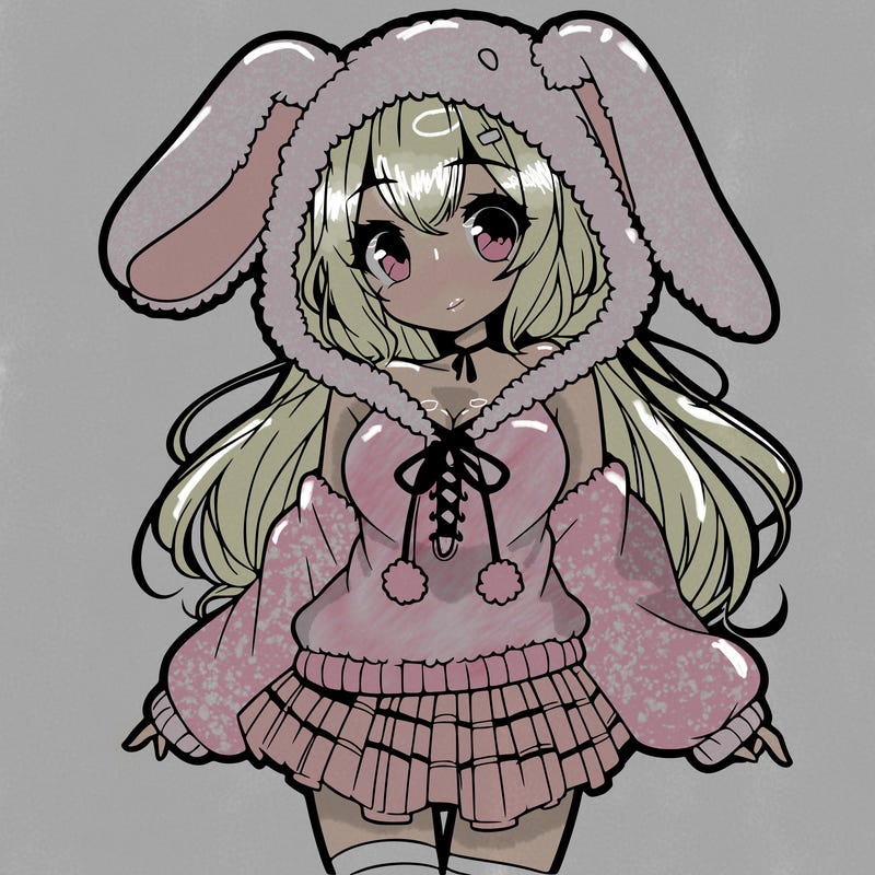 pretty anime girl wearing a fluffy hoodie with bunny ears on the hood and a skirt