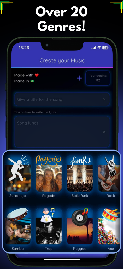 Music Creator AI - Advanced - Interface de l'application Music Creator AI montrant les options pour créer des chansons dans différents genres comme le Sertanejo, le Pagode et le Baile Funk.
