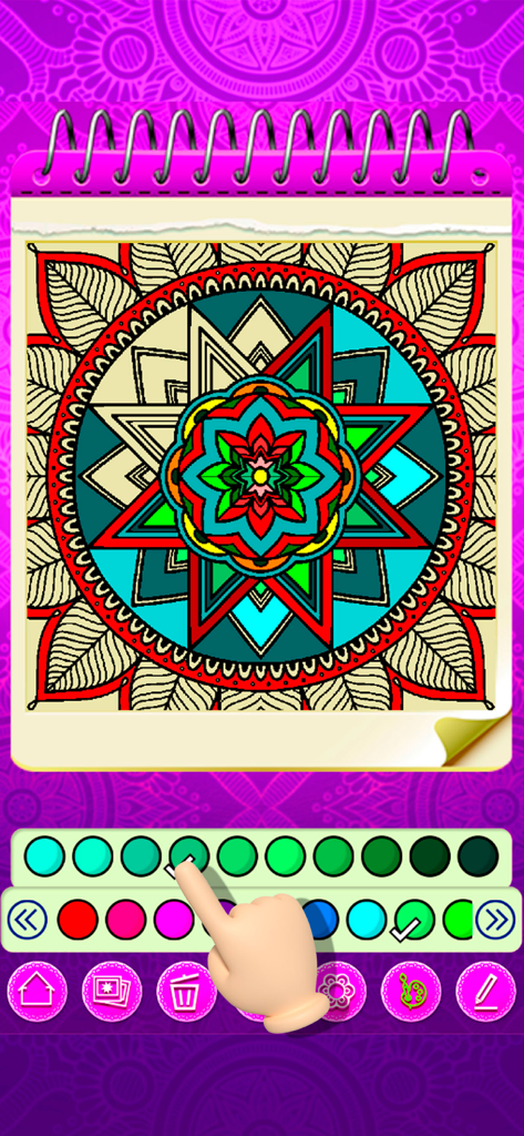 Mandala Coloring 2024 - Mobile interface of Mandala Coloring 2024 showing a colorful geometric mandala being colored with a digital palette