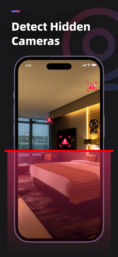 Hidden Cameras Detector - Pantalla de smartphone mostrando la aplicación Detector de Cámaras Ocultas escaneando un dormitorio en busca de dispositivos ocultos con marcadores de alerta roja.
