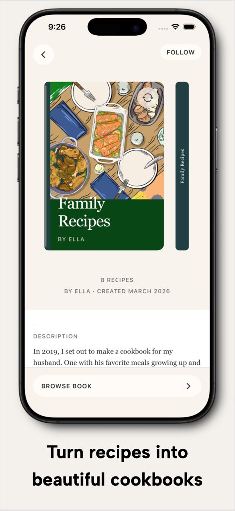 Chapter & Crumb - Mobile screen showing a curated digital cookbook cover for family recipes in the Chapter and Crumb app.
