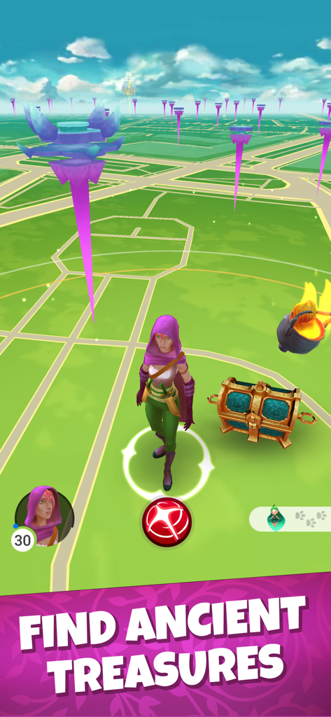 Draconius GO: Catch a Dragon! - A character in Draconius GO standing on an AR map next to a golden treasure chest