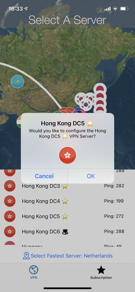 UK VPN: Fast & Secure Internet - Interfaz de la aplicación UK VPN mostrando ubicaciones de servidores en un mapa y una solicitud de selección de servidor de Hong Kong