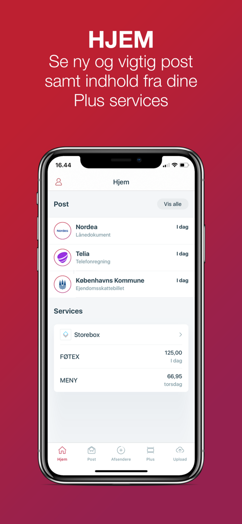 The home screen of the e-Boks app displaying a digital mailbox with notifications and services.