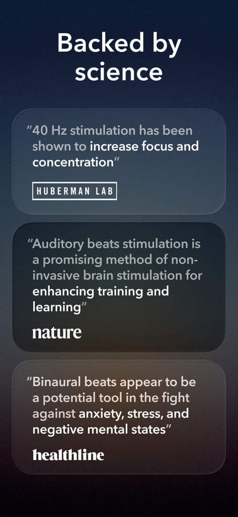 Scientific quotes from Huberman Lab and Nature about the benefits of binaural beats for focus and anxiety