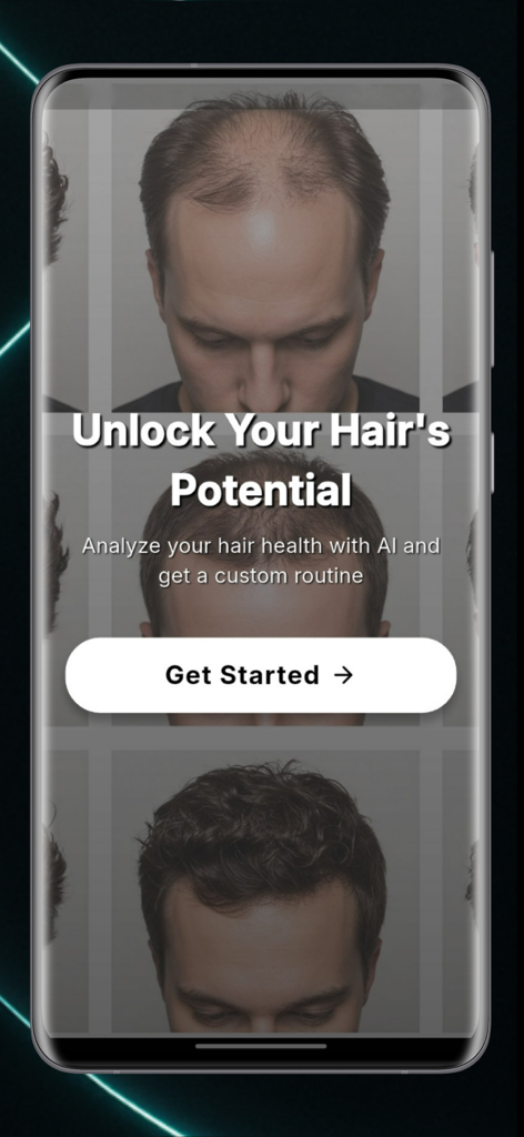 Hair Guru - AI Scalp/Hair Scan - Onboarding screen of Hair Guru app featuring AI scalp and hair health analysis with a Get Started button