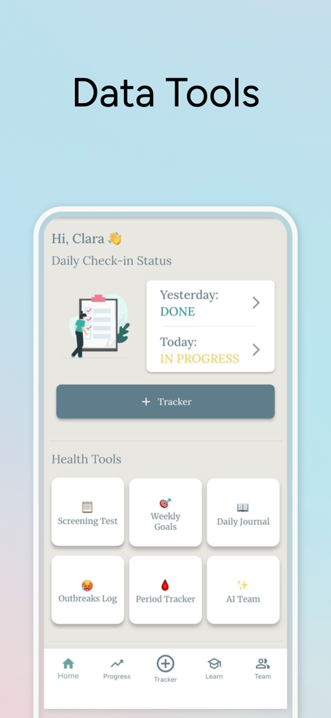 Lupus Journey - Lupus Journey app interface displaying daily health tools including symptom tracking and daily journals.