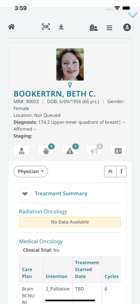 Elekta ONE | Smart View - Elekta ONE mobile app interface displaying a detailed patient synopsis including oncology diagnosis and treatment summary