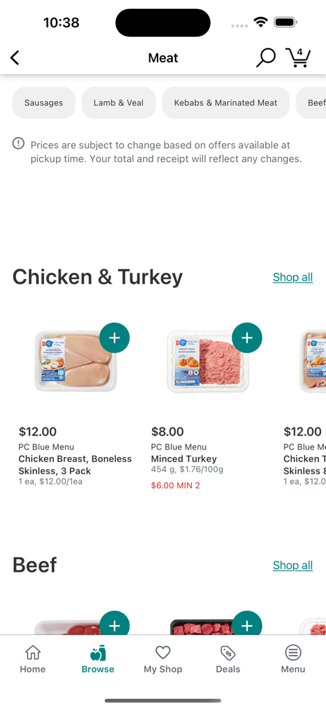 Interface de l'application mobile PC Express affichant des produits de poulet et de dinde au rayon de la viande.