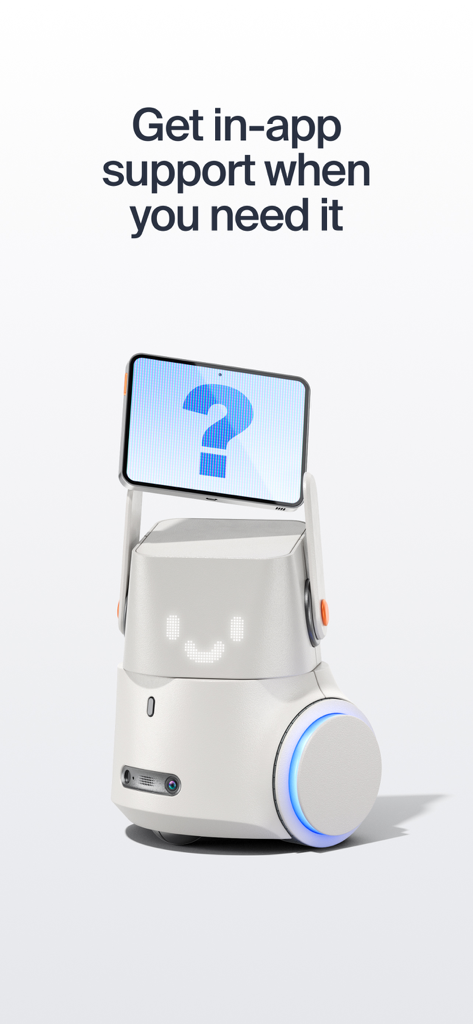 Ein freundlicher weißer Roboter, der ein Tablet mit einem Fragezeichen für den In-App-Support von Luno hält