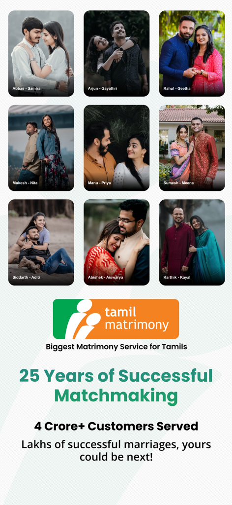 Collage of happy couples celebrating 25 years of successful matchmaking on the Tamil Matrimony app