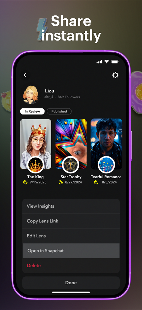 Lens Studio by Snap Inc. - Tela de perfil do aplicativo móvel Lens Studio mostrando lentes de RA criadas e um menu de compartilhamento com opções como Abrir no Snapchat.