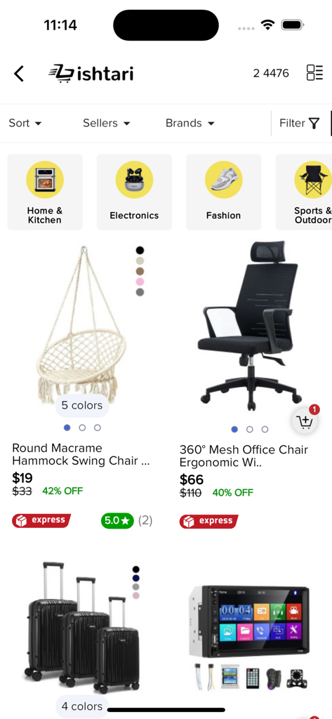 Interface of the Ishtari mobile app showing various products like chairs and luggage with price discounts and category icons.