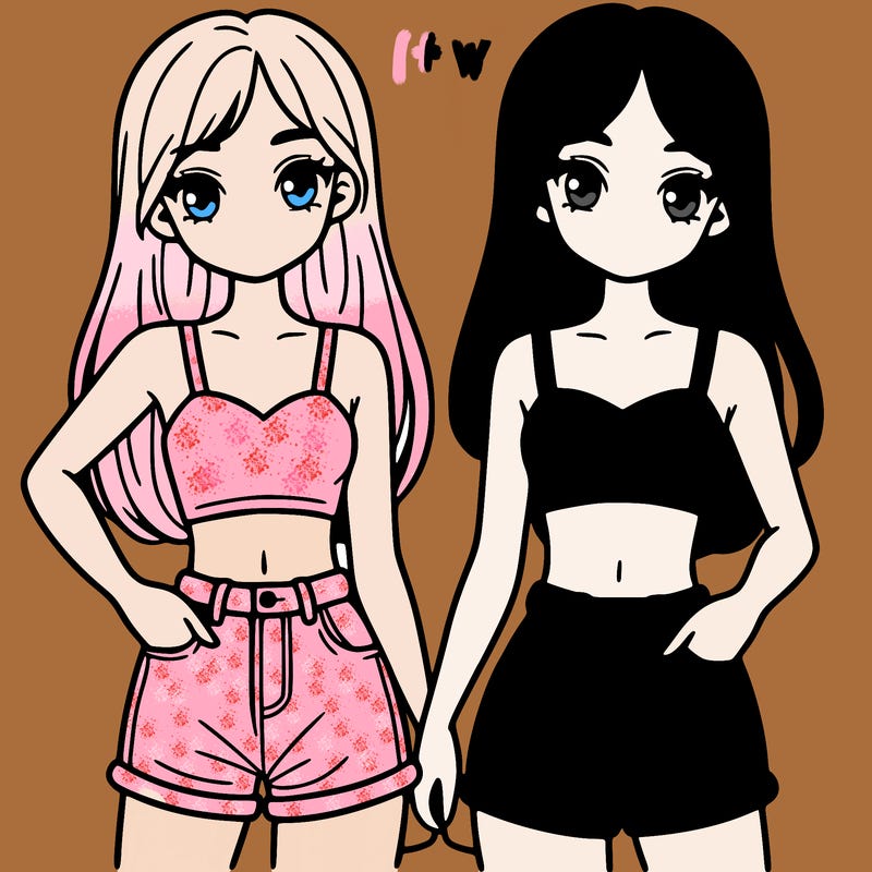 two sisters with crop tops and jean shorts and straight hair
