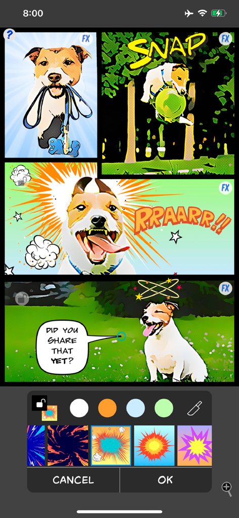 A four-panel comic strip of a dog created with stylized photo filters, stickers, and speech bubbles in the ComicBook app editor.