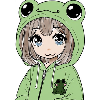 cute realistic girl in a froggy hoodie