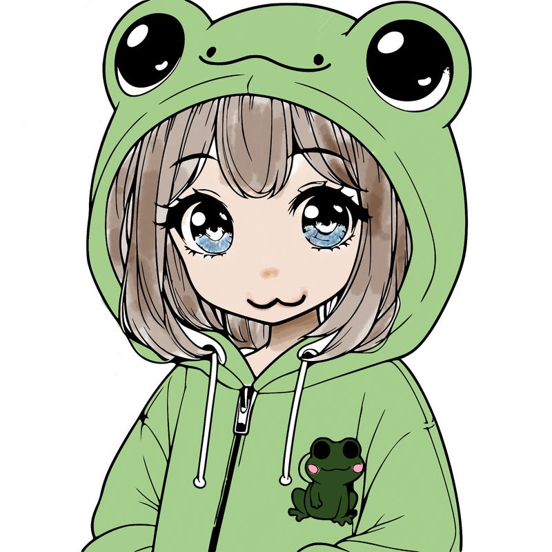 cute realistic girl in a froggy hoodie