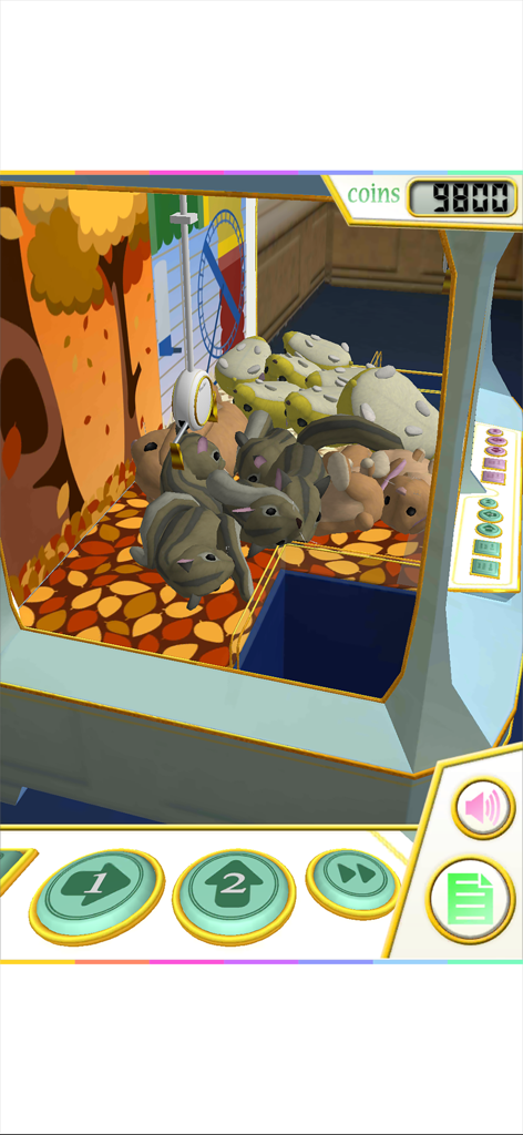 In-game view of the Claw Crane Little Pets machine filled with cute animal plushies and touch controls.