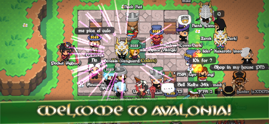 Avalonia Online RPG - Group of pixel art characters gathering and chatting in the social world of Avalonia Online