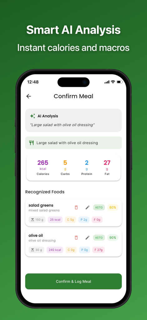 Confirm meal screen showing AI analysis of calories and macros for a keto salad.