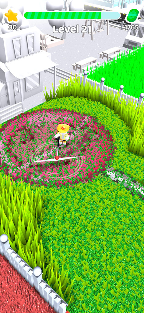 A character in a yellow hat cutting pink plants in a lawn at level 21.