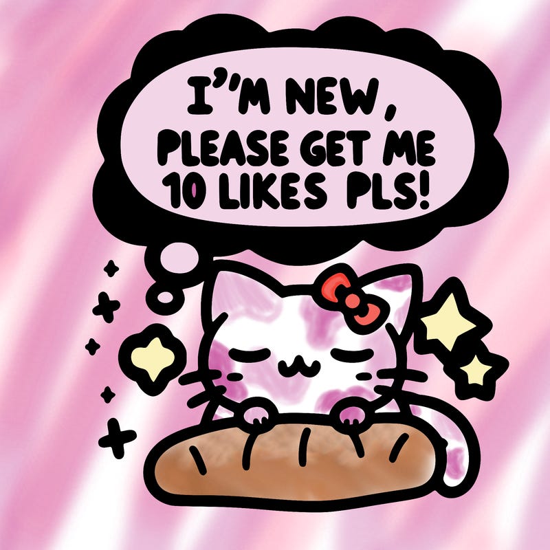 kitty taking a nap dream talking and saying "i'm new, please get me at least 10 likes pls!!"