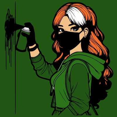 realistic girl with mask spray painting a wall