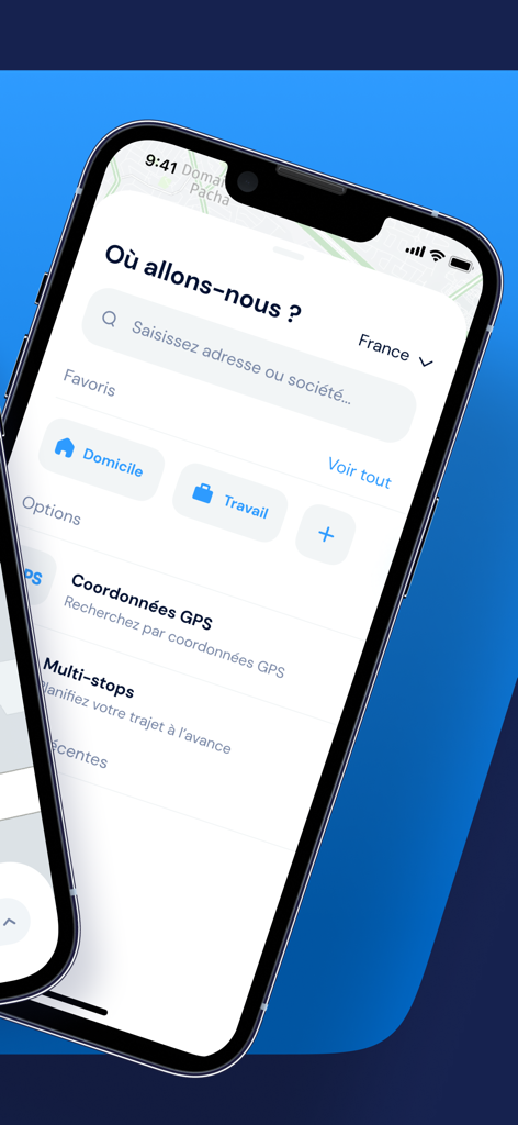 NavXL Truck Navigation - NavXL LKW-Navigations-App, die den Bildschirm zur Zielsuche mit Optionen für Favoriten und Multi-Stop-Routenplanung anzeigt