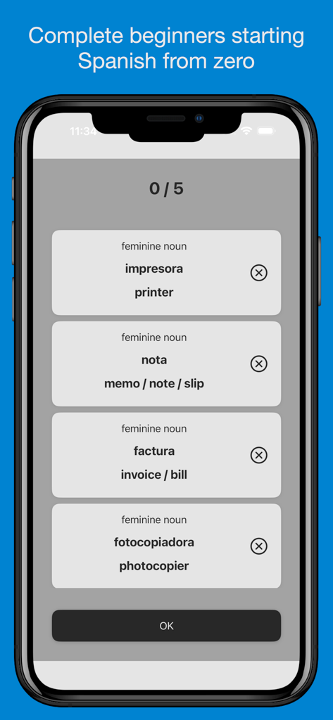 Pro - Basic Spanish Vocabulary - Smartphone screen showing a list of Spanish nouns with English translations for beginners