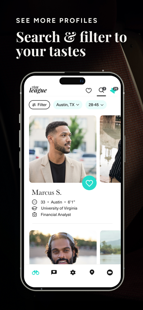 The League dating app interface showing search and filter options for curated professional profiles