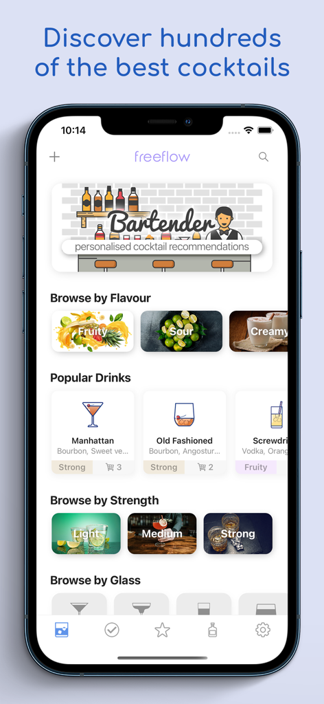 FreeFlow app interface on iPhone showing cocktail categories by flavor and strength with popular drink recommendations like Manhattan and Old Fashioned